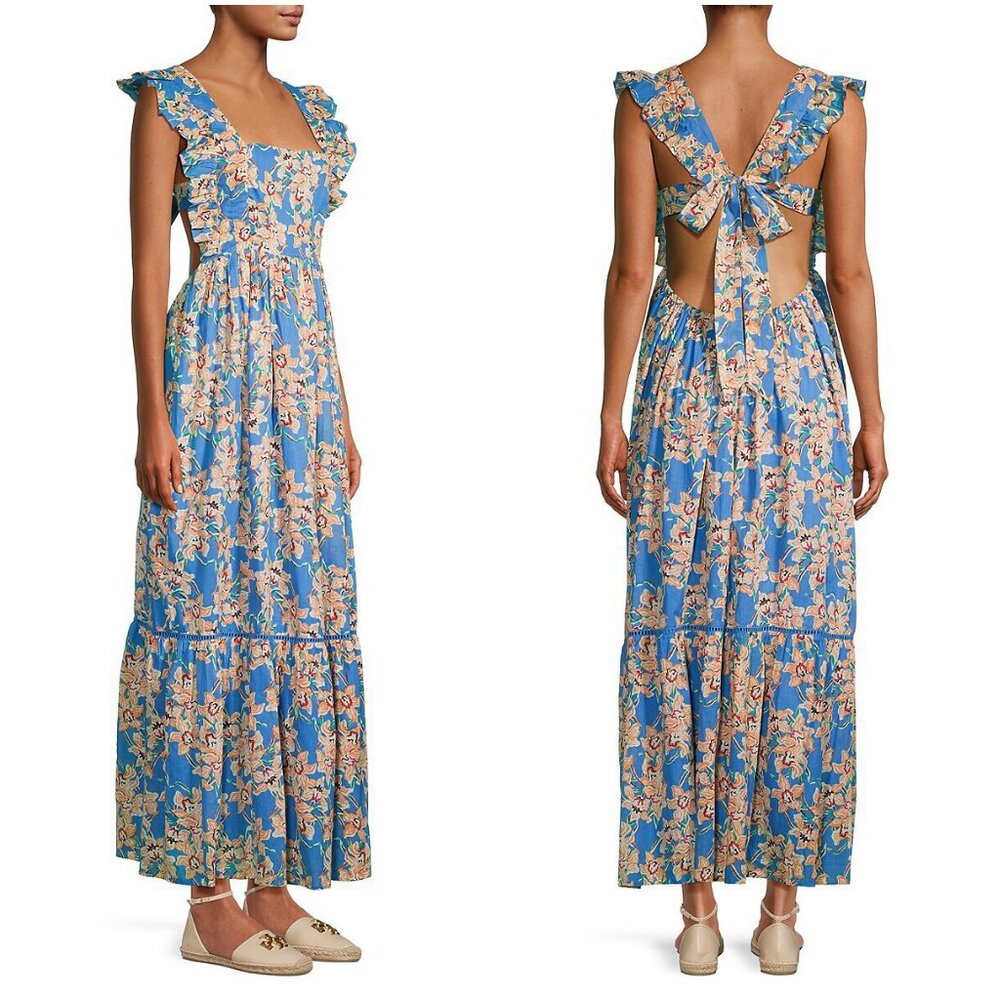 Ro's Garden Priscilla Floral Flutter Sleeve Maxi Dress XS open back blue orange